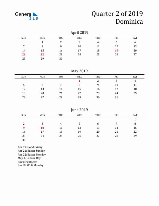 Quarter 2 2019 Dominica Quarterly Calendar