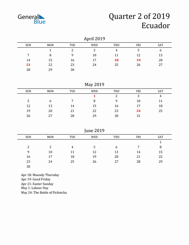 Quarter 2 2019 Ecuador Quarterly Calendar