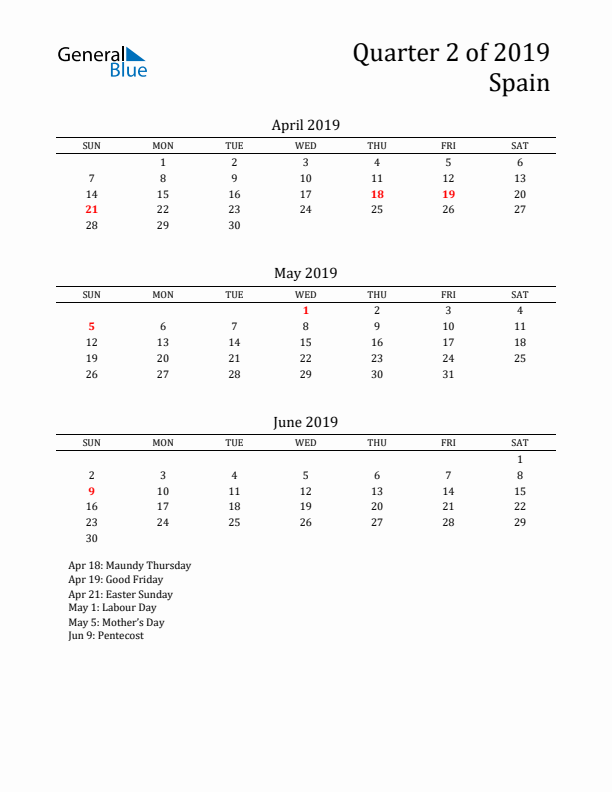 Quarter 2 2019 Spain Quarterly Calendar