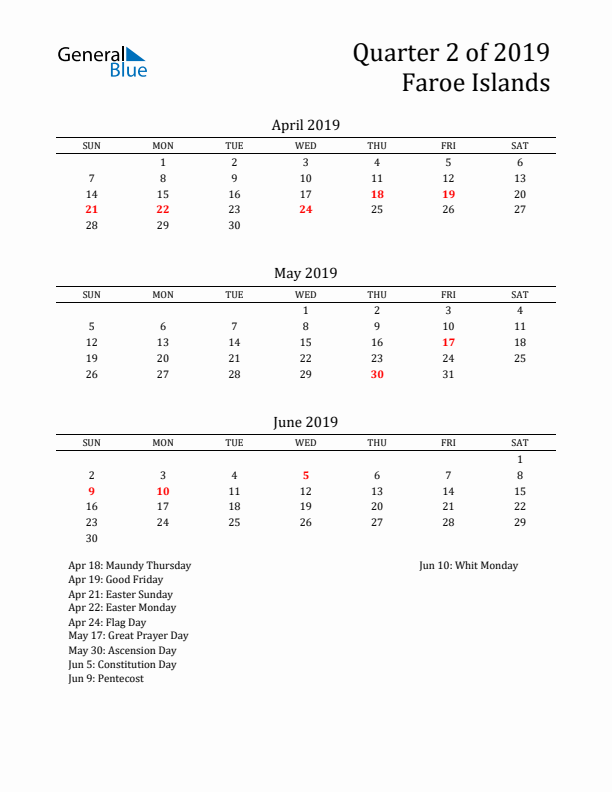 Quarter 2 2019 Faroe Islands Quarterly Calendar