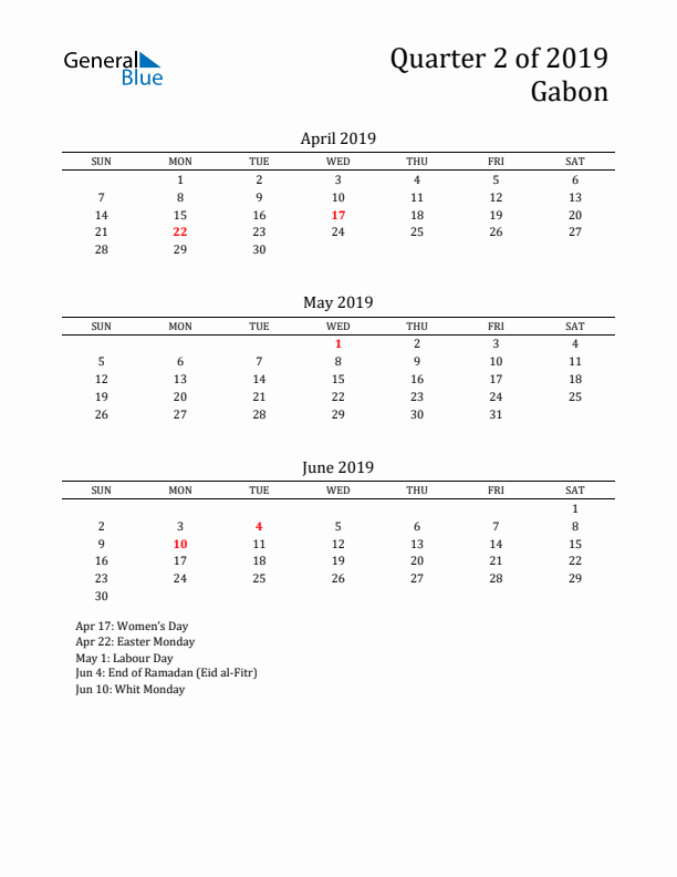 Quarter 2 2019 Gabon Quarterly Calendar