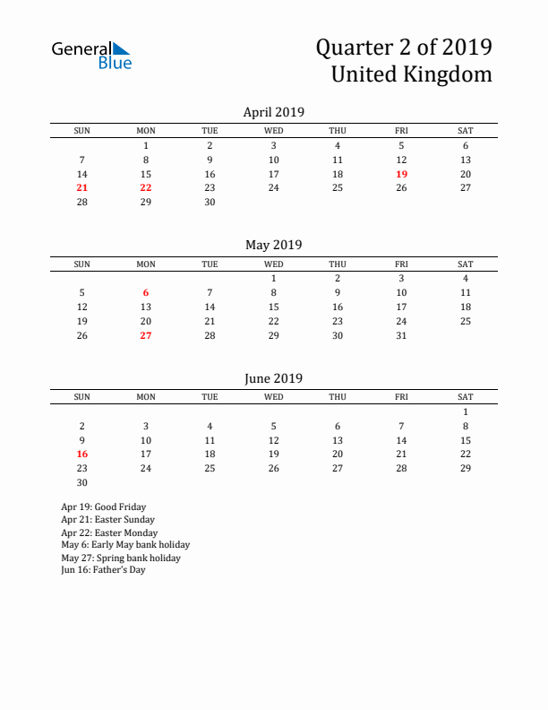 Quarter 2 2019 United Kingdom Quarterly Calendar