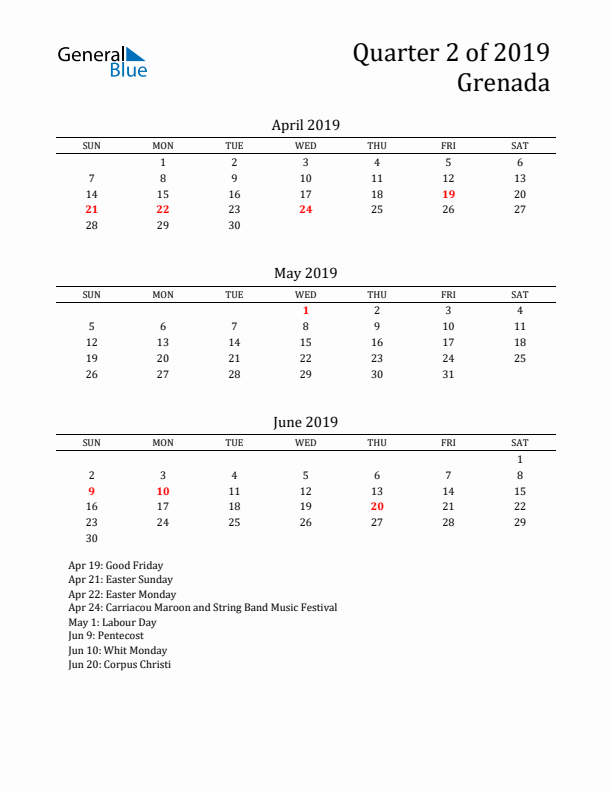 Quarter 2 2019 Grenada Quarterly Calendar