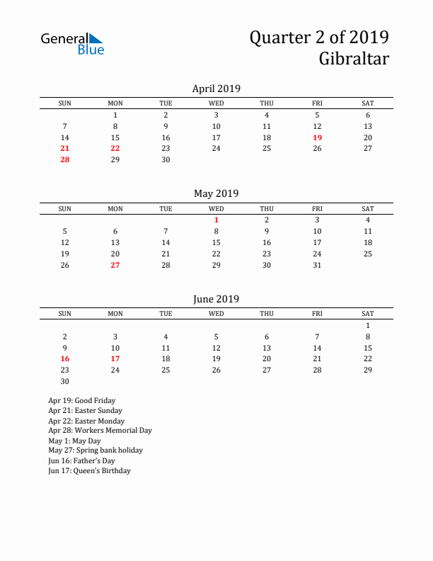 Quarter 2 2019 Gibraltar Quarterly Calendar