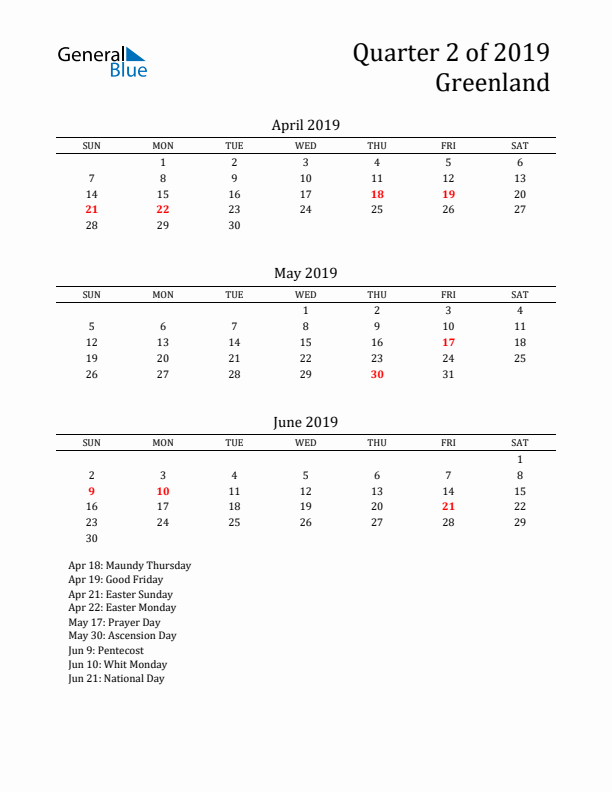 Quarter 2 2019 Greenland Quarterly Calendar