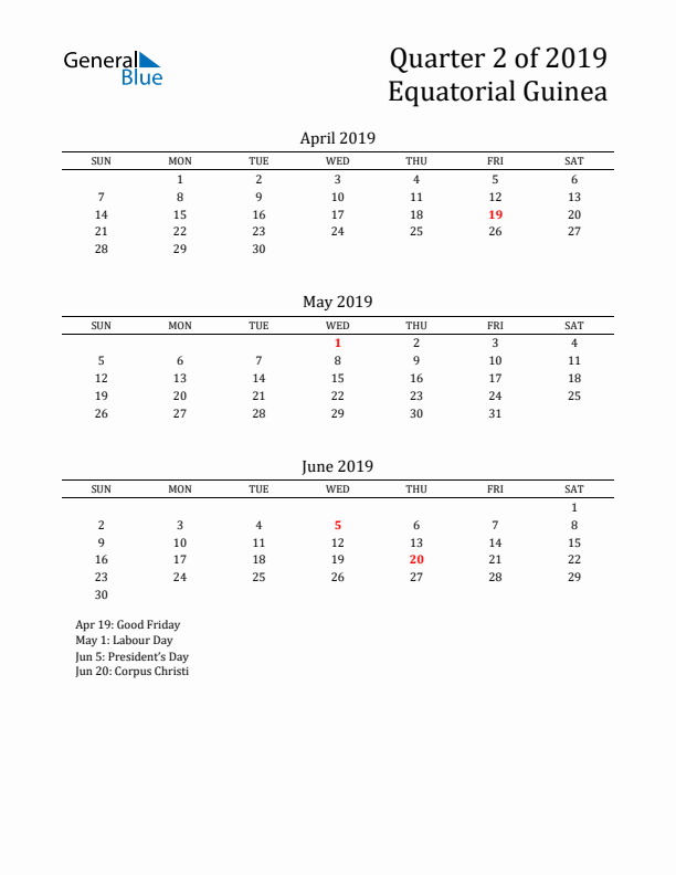 Quarter 2 2019 Equatorial Guinea Quarterly Calendar