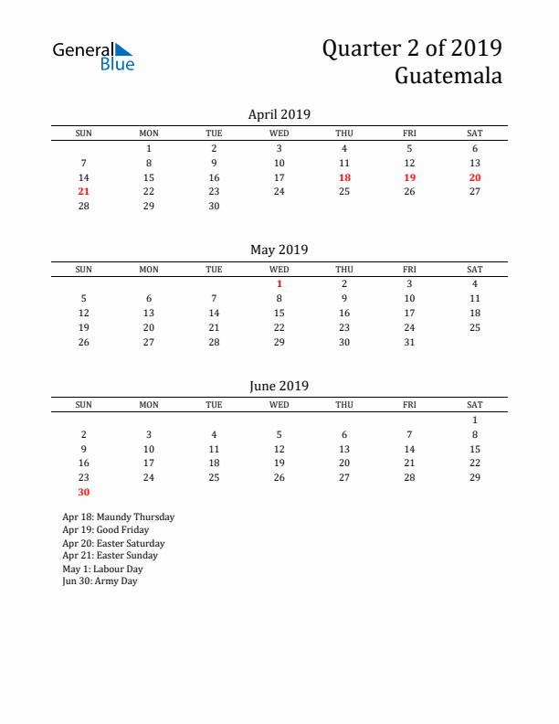 Quarter 2 2019 Guatemala Quarterly Calendar