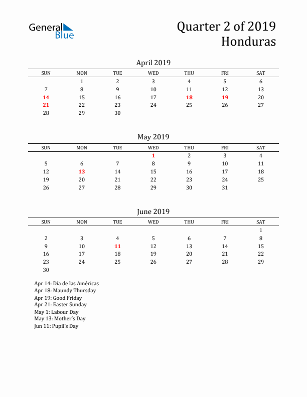 Quarter 2 2019 Honduras Quarterly Calendar