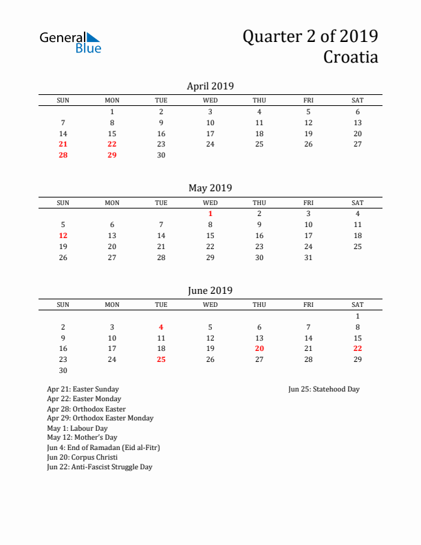 Quarter 2 2019 Croatia Quarterly Calendar