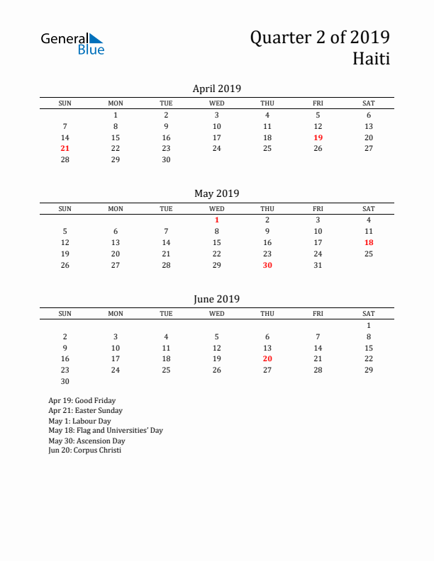 Quarter 2 2019 Haiti Quarterly Calendar