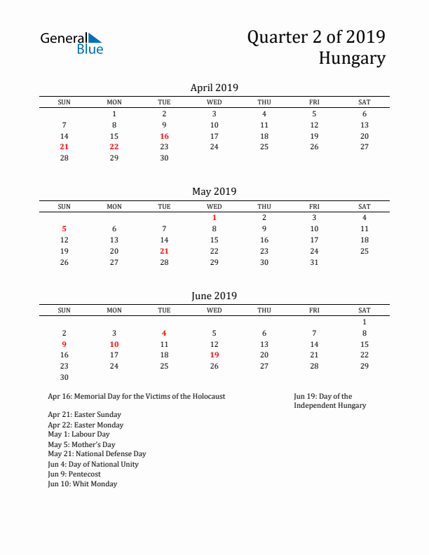 Quarter 2 2019 Hungary Quarterly Calendar