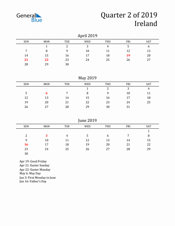 Quarter 2 2019 Ireland Quarterly Calendar