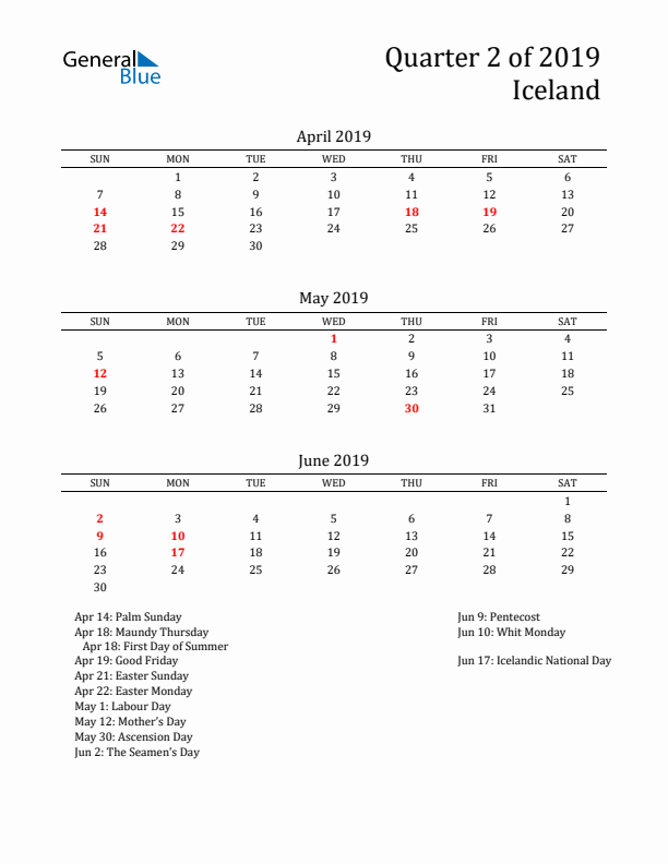 Quarter 2 2019 Iceland Quarterly Calendar