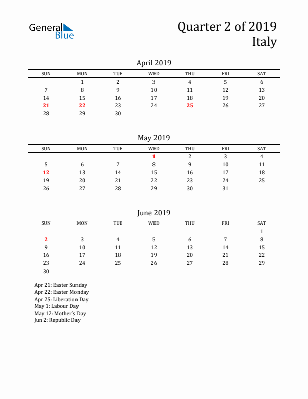 Quarter 2 2019 Italy Quarterly Calendar