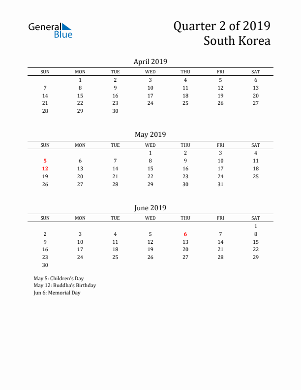 Quarter 2 2019 South Korea Quarterly Calendar