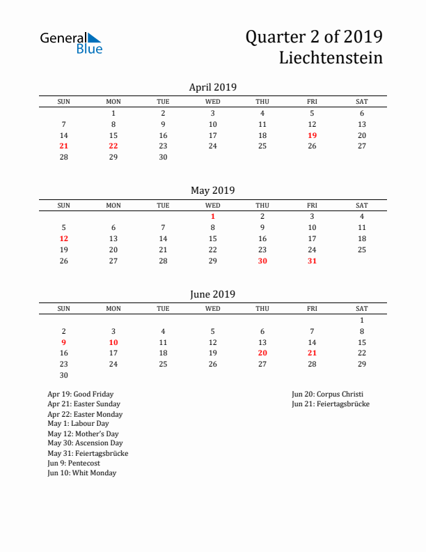 Quarter 2 2019 Liechtenstein Quarterly Calendar