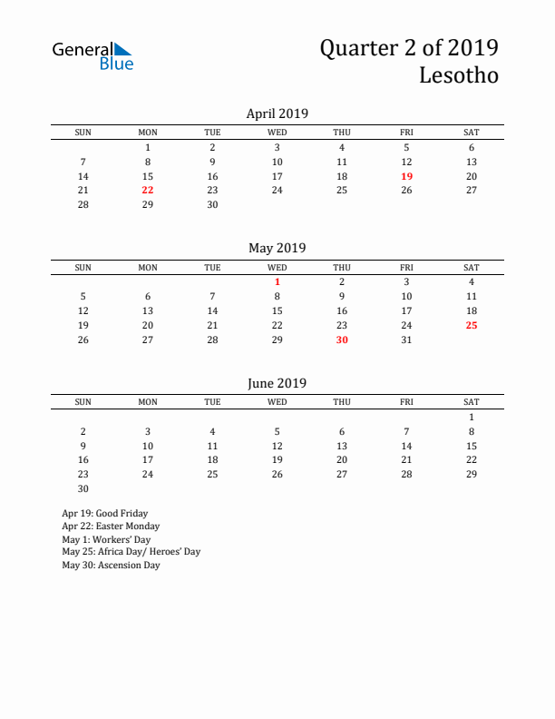 Quarter 2 2019 Lesotho Quarterly Calendar