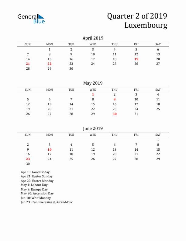 Quarter 2 2019 Luxembourg Quarterly Calendar