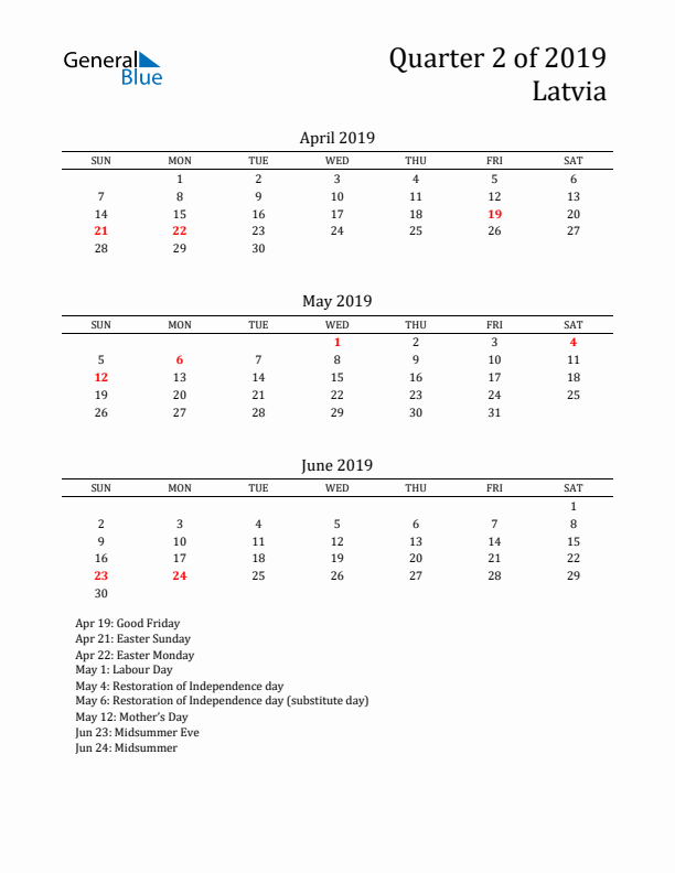 Quarter 2 2019 Latvia Quarterly Calendar