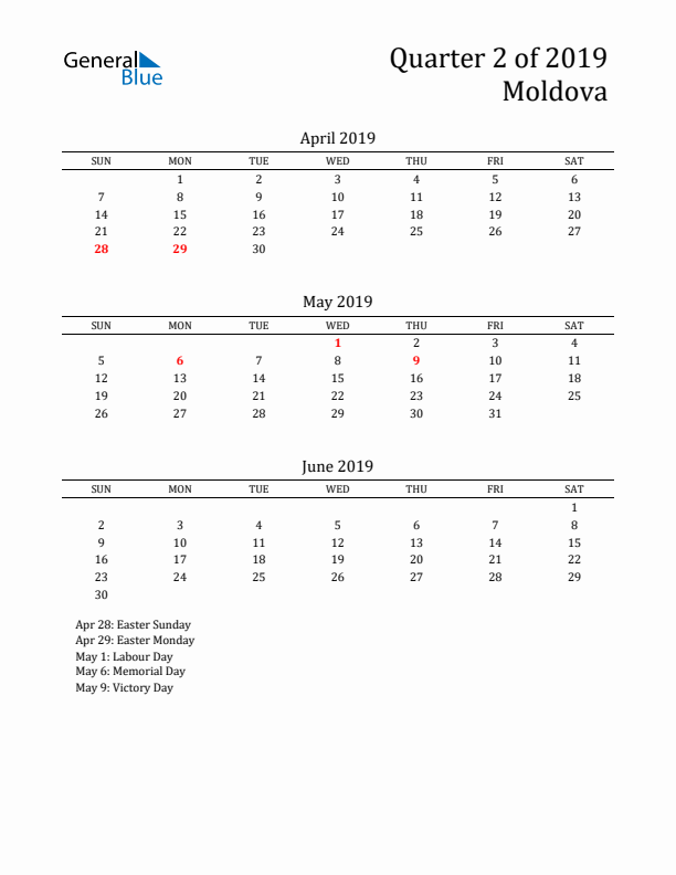 Quarter 2 2019 Moldova Quarterly Calendar