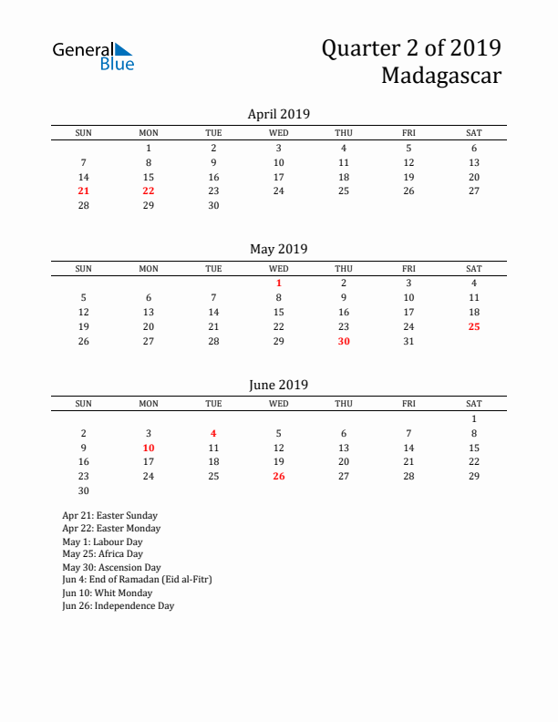 Quarter 2 2019 Madagascar Quarterly Calendar