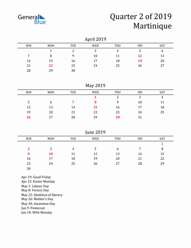 Quarter 2 2019 Martinique Quarterly Calendar