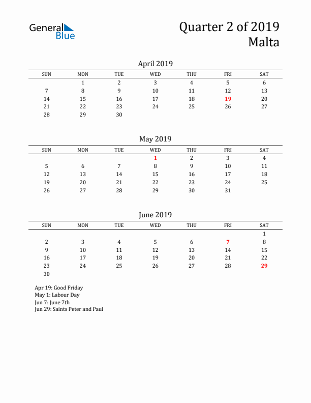 Quarter 2 2019 Malta Quarterly Calendar