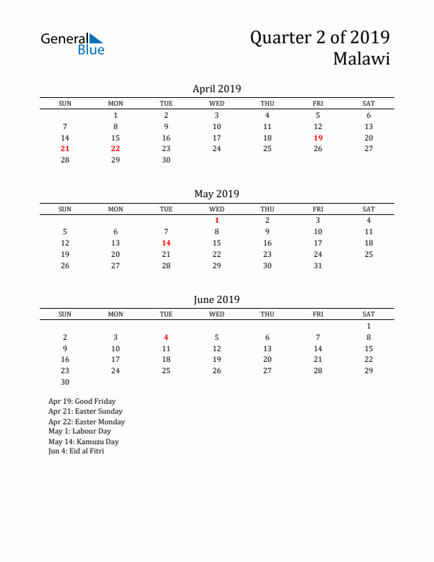 Quarter 2 2019 Malawi Quarterly Calendar