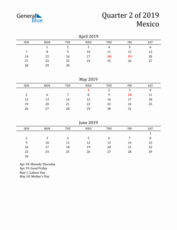 Quarter 2 2019 Mexico Quarterly Calendar