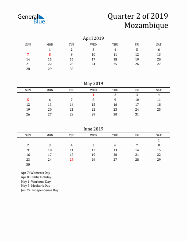 Quarter 2 2019 Mozambique Quarterly Calendar