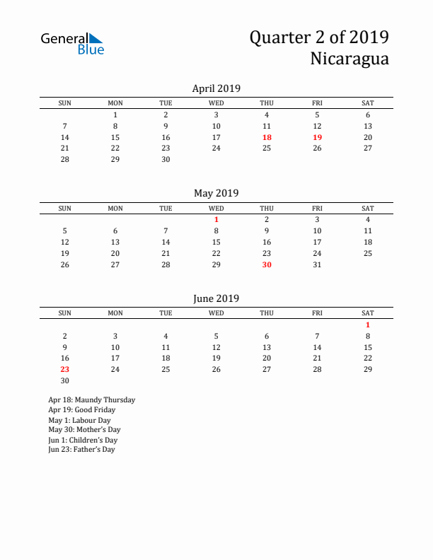 Quarter 2 2019 Nicaragua Quarterly Calendar