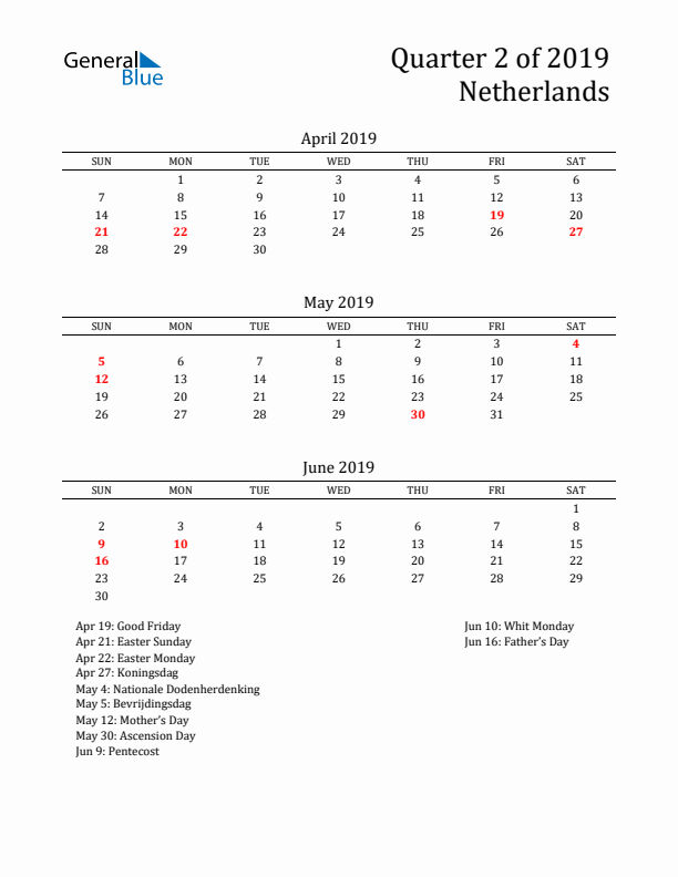 Quarter 2 2019 The Netherlands Quarterly Calendar