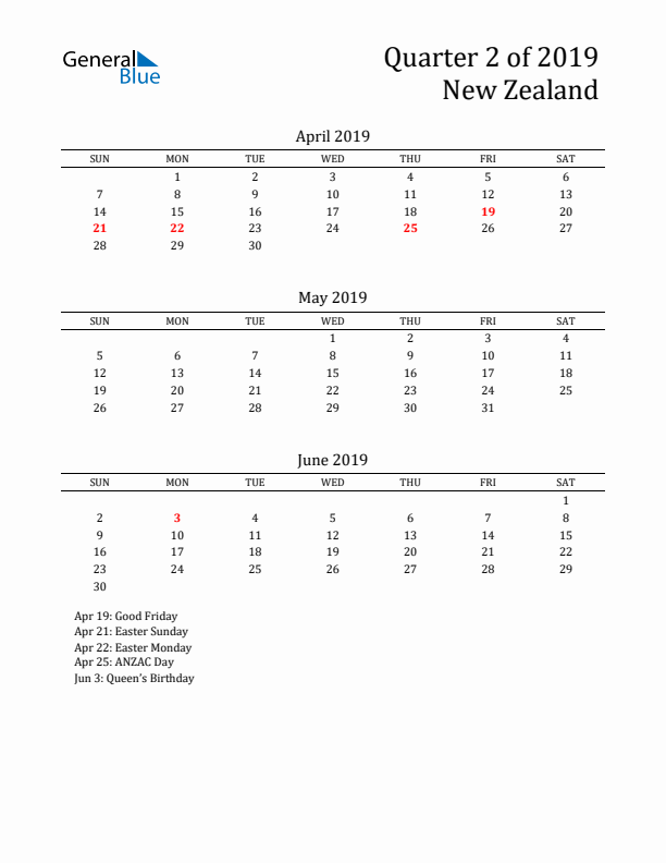 Quarter 2 2019 New Zealand Quarterly Calendar