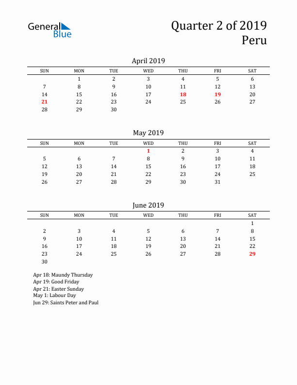 Quarter 2 2019 Peru Quarterly Calendar