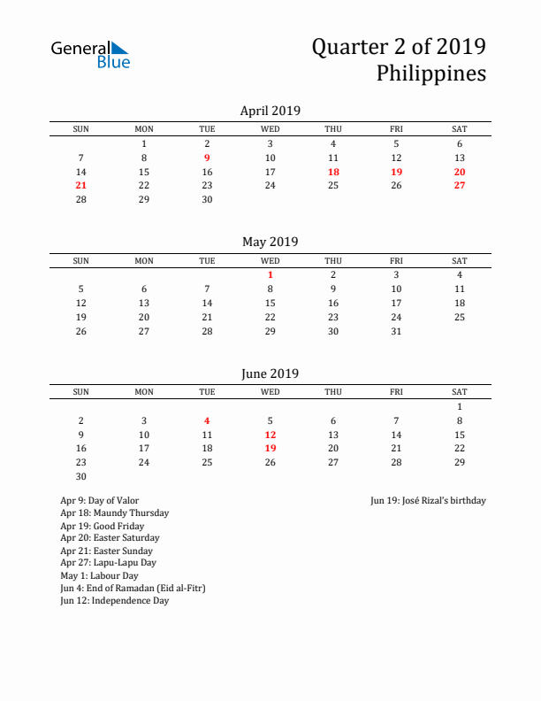 Quarter 2 2019 Philippines Quarterly Calendar