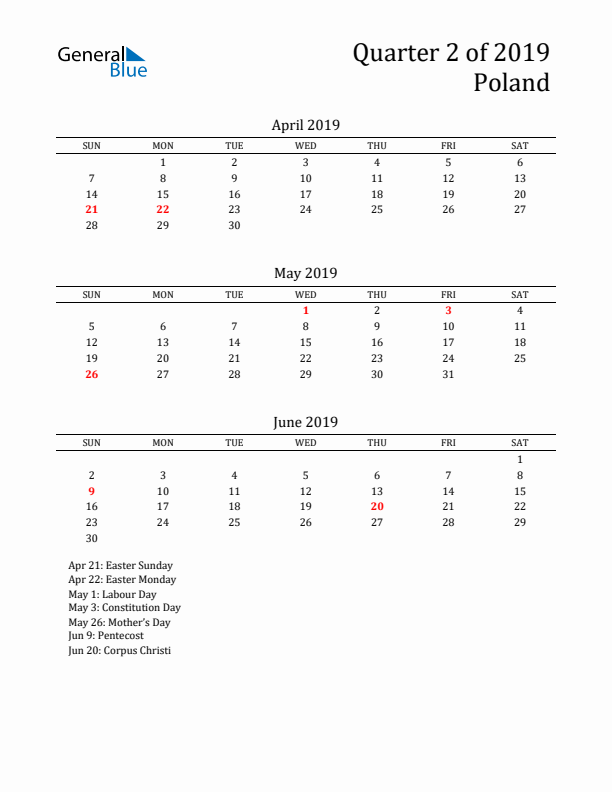 Quarter 2 2019 Poland Quarterly Calendar