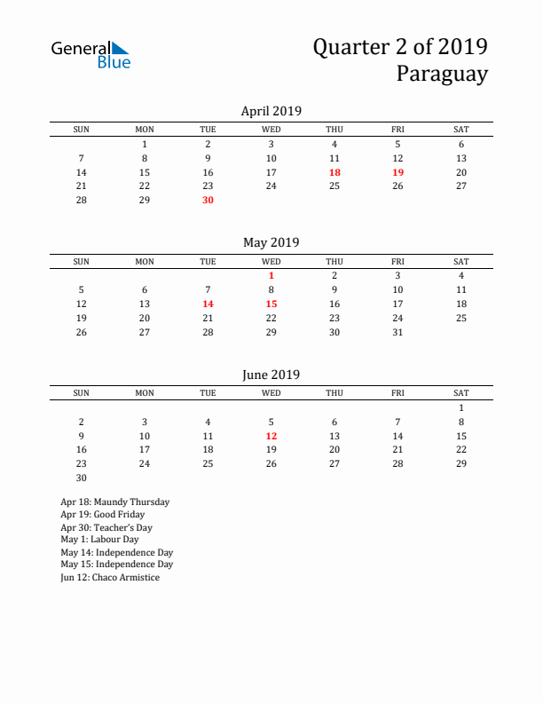 Quarter 2 2019 Paraguay Quarterly Calendar