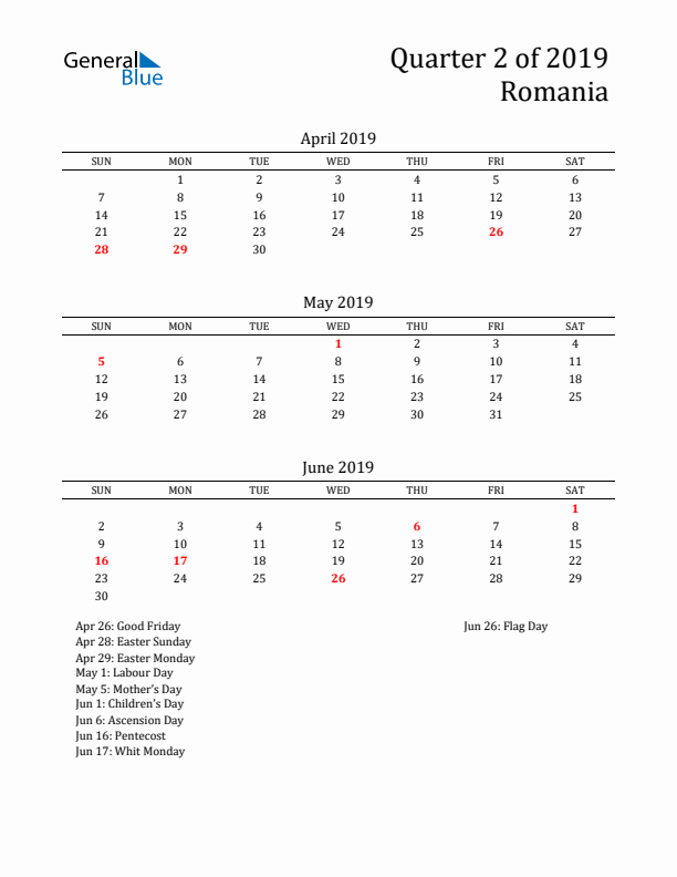 Quarter 2 2019 Romania Quarterly Calendar