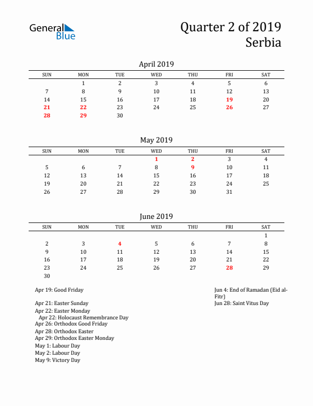 Quarter 2 2019 Serbia Quarterly Calendar