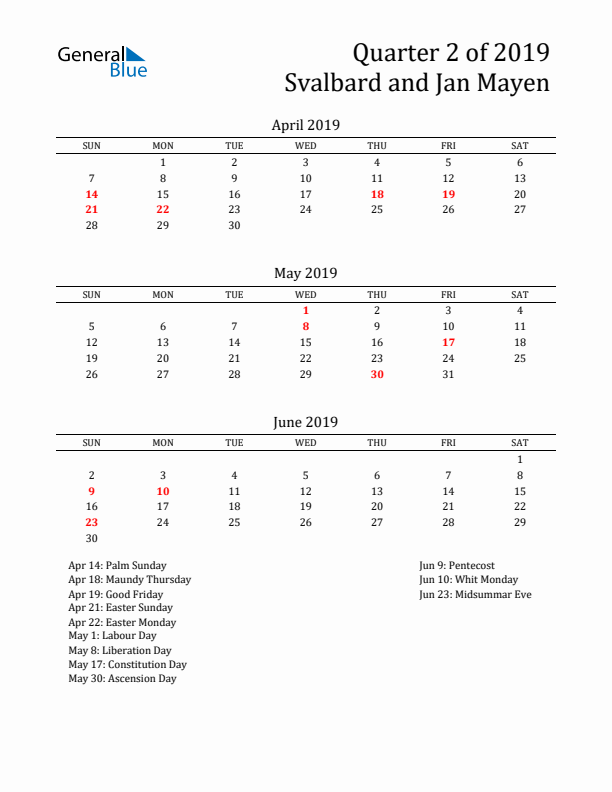 Quarter 2 2019 Svalbard and Jan Mayen Quarterly Calendar