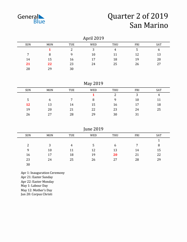 Quarter 2 2019 San Marino Quarterly Calendar