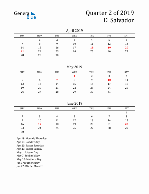 Quarter 2 2019 El Salvador Quarterly Calendar