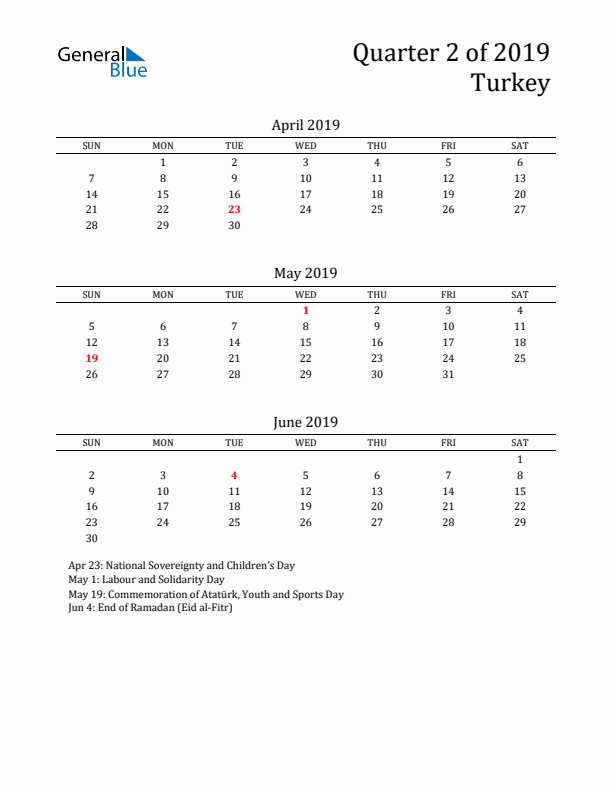 Quarter 2 2019 Turkey Quarterly Calendar