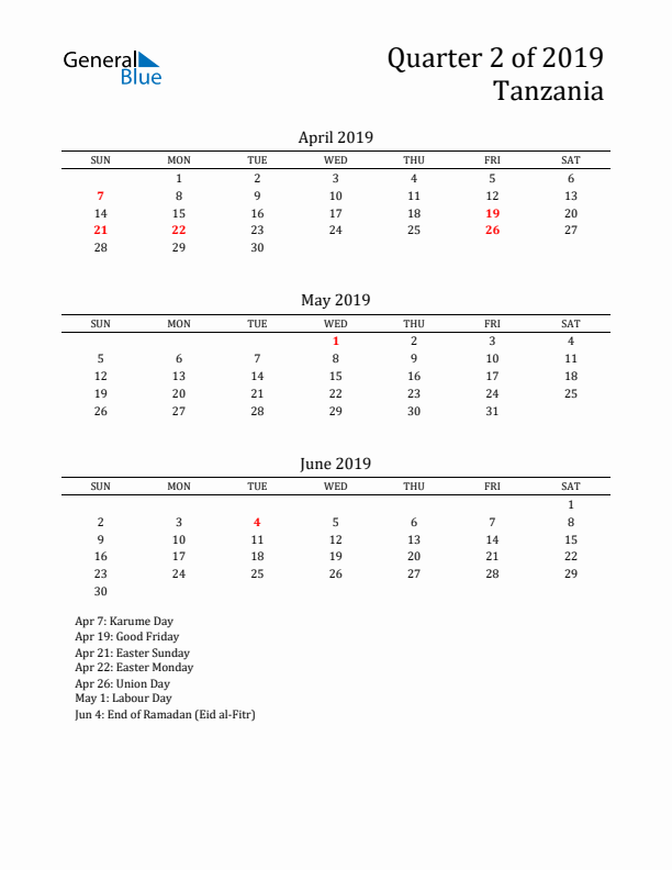 Quarter 2 2019 Tanzania Quarterly Calendar