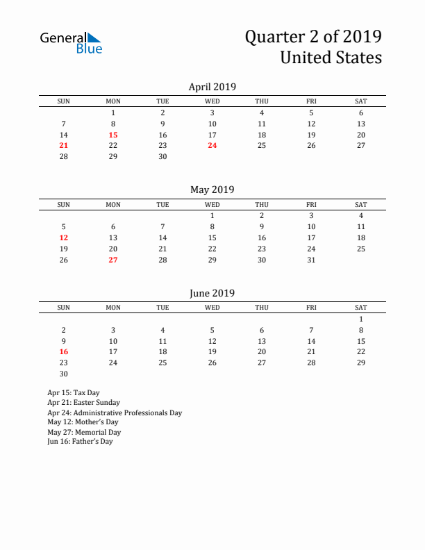 Quarter 2 2019 United States Quarterly Calendar