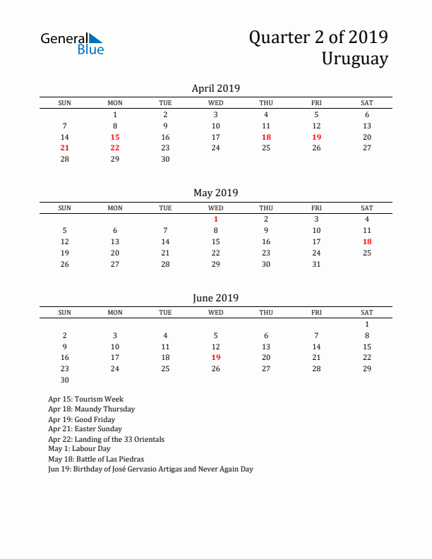 Quarter 2 2019 Uruguay Quarterly Calendar