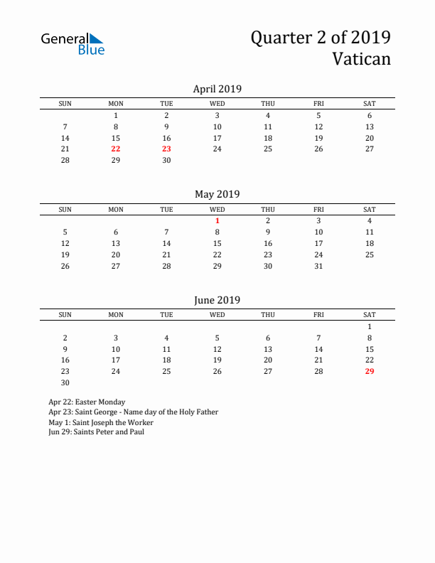 Quarter 2 2019 Vatican Quarterly Calendar