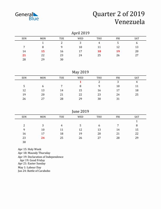 Quarter 2 2019 Venezuela Quarterly Calendar