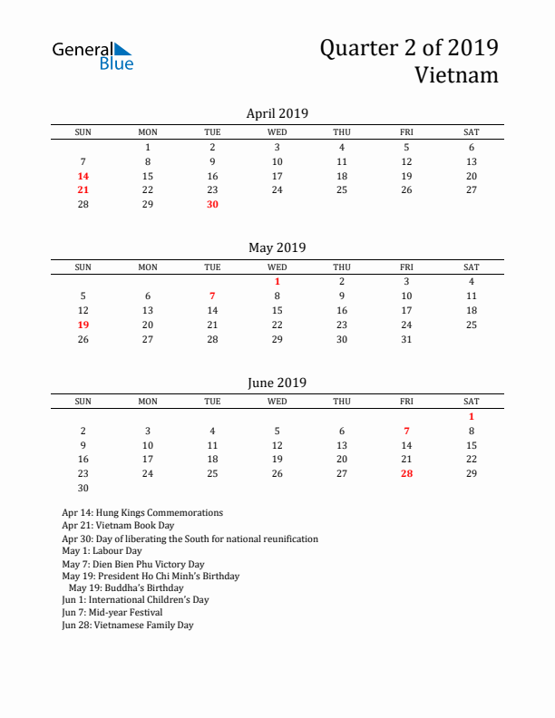 Quarter 2 2019 Vietnam Quarterly Calendar