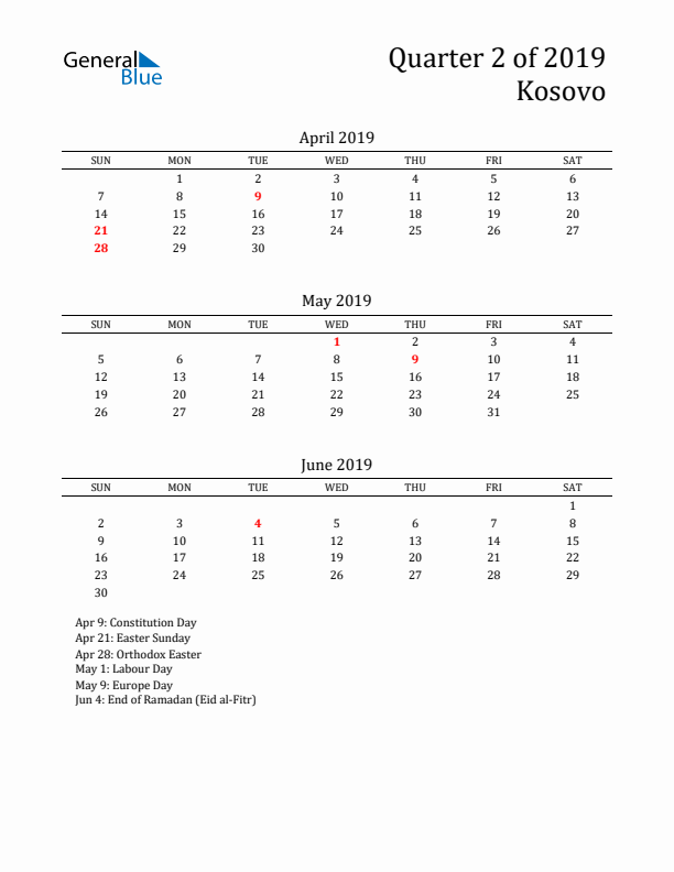 Quarter 2 2019 Kosovo Quarterly Calendar